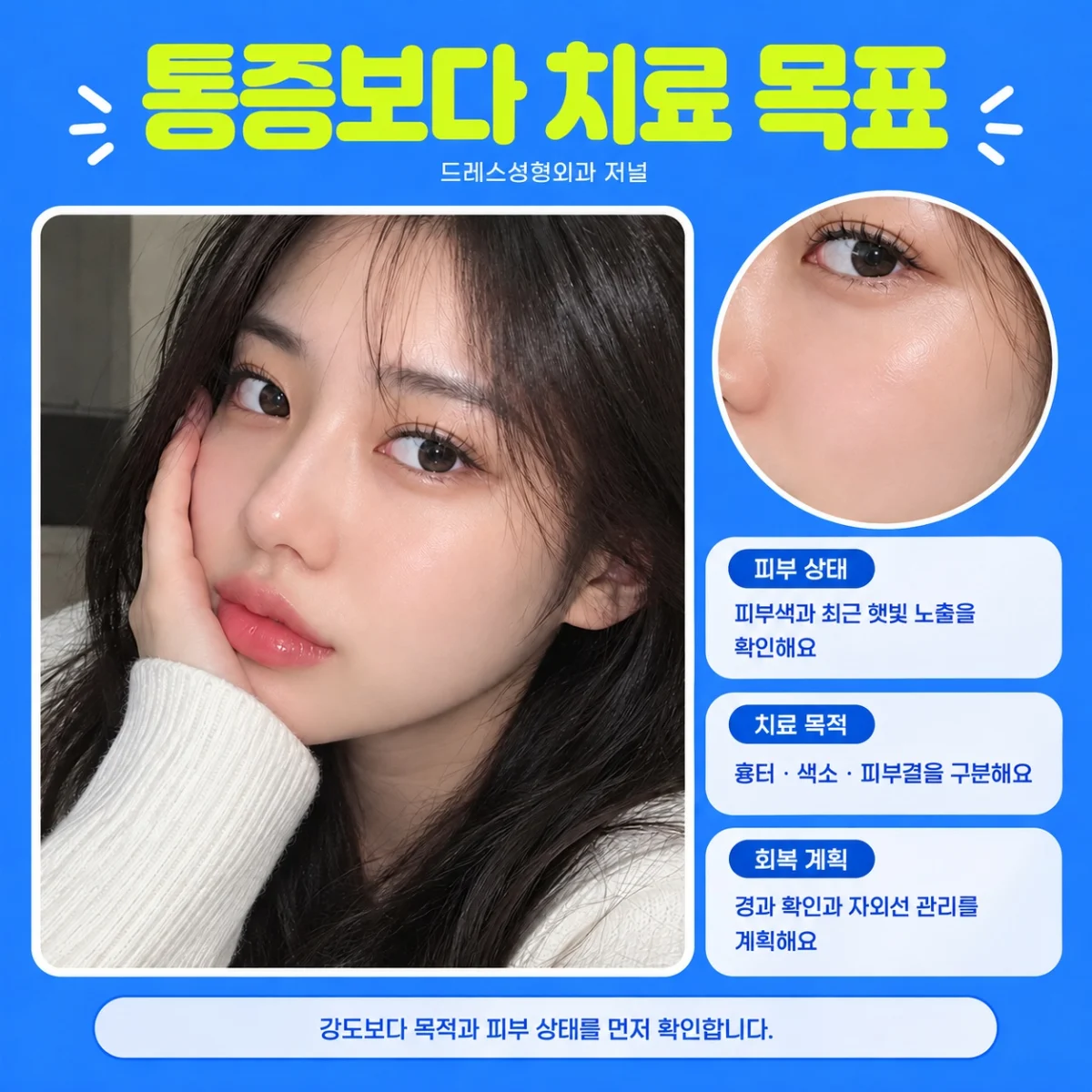 통증보다 치료 목표를 먼저 확인하도록 안내하는 피부 확대 카드