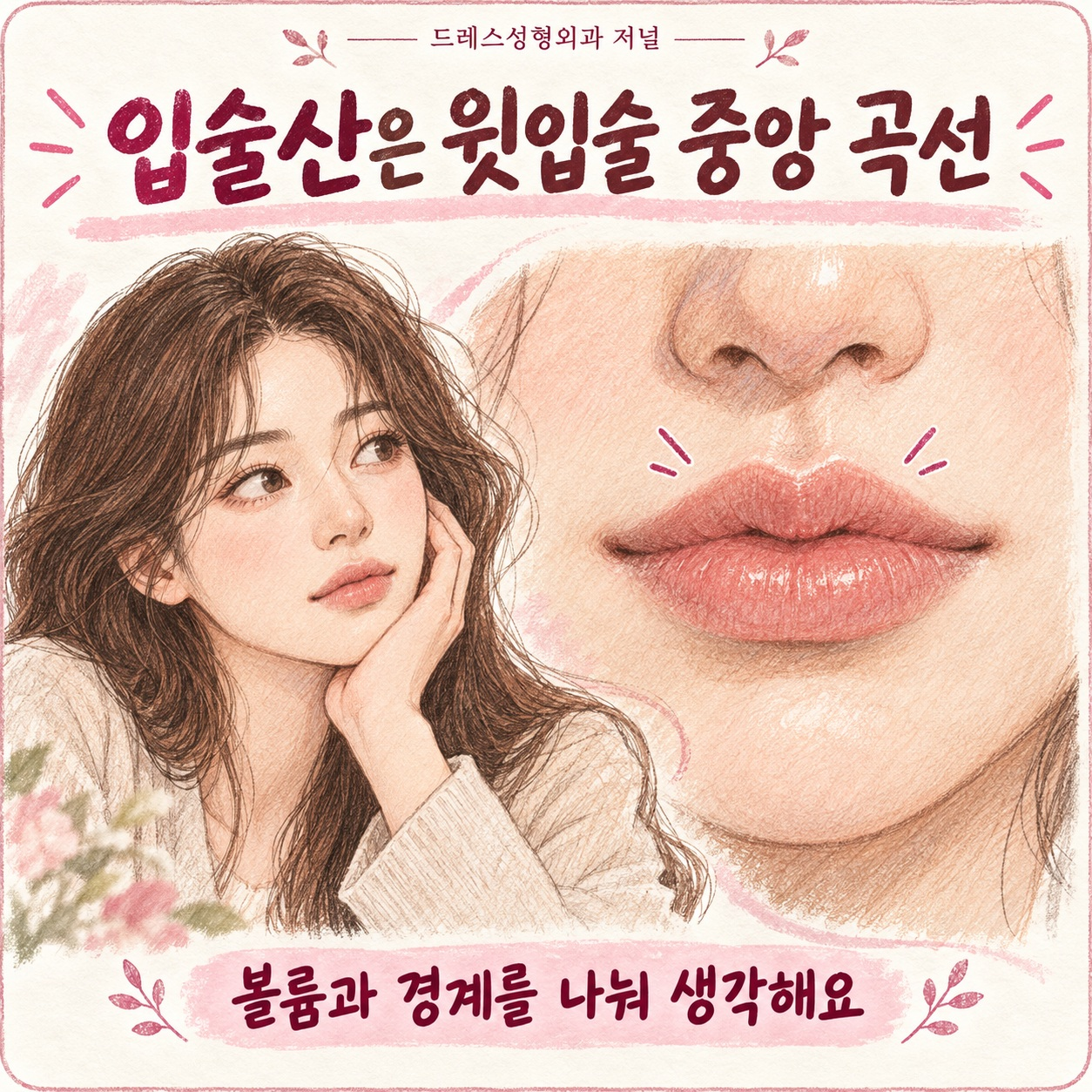 윗입술 중앙 곡선과 볼륨을 나누어 설명하는 스케치