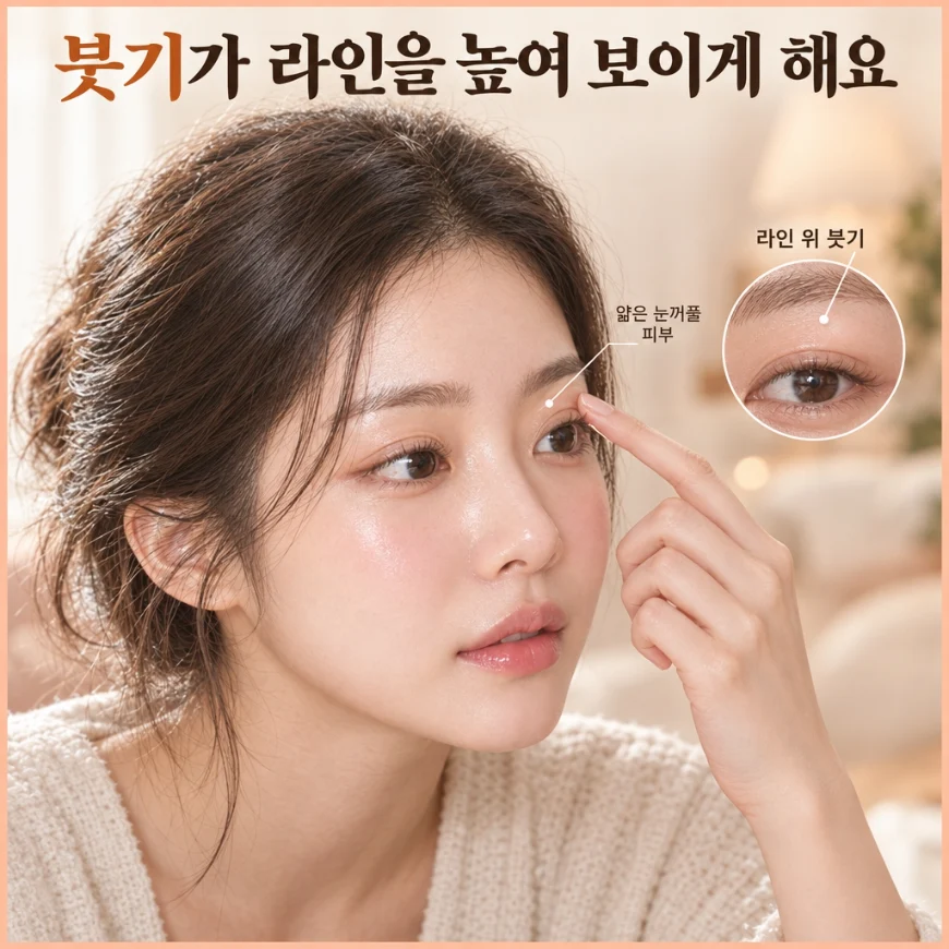 쌍꺼풀 라인 위 눈꺼풀 붓기를 원형 확대로 보여주는 그림