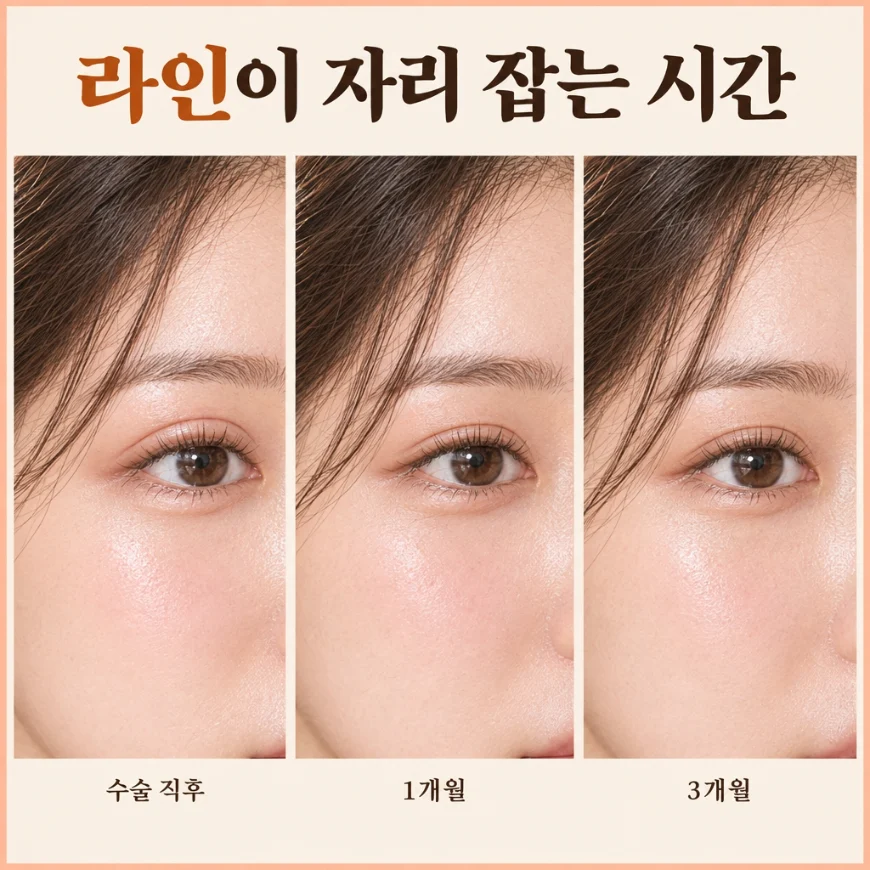 수술 직후와 1개월, 3개월의 쌍꺼풀 라인 변화를 비교한 그림