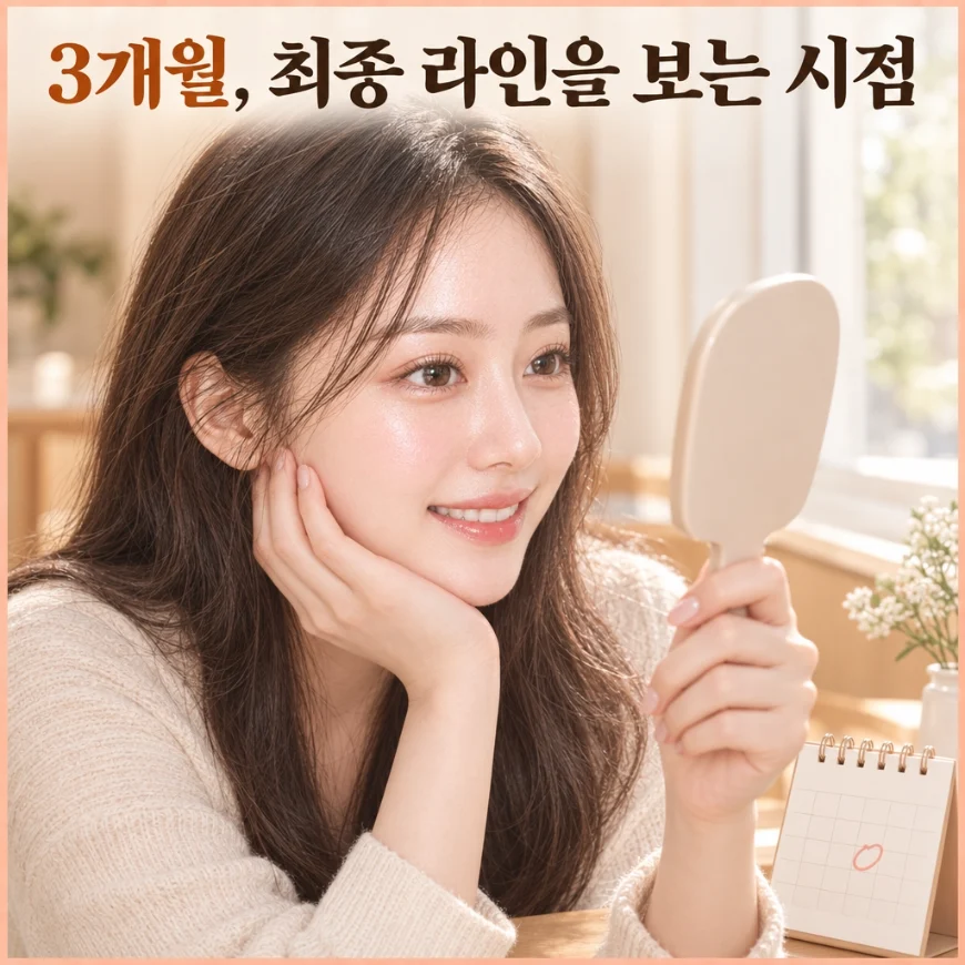 회복 후 자연스러운 쌍꺼풀 라인으로 손거울을 보며 미소 짓는 여성