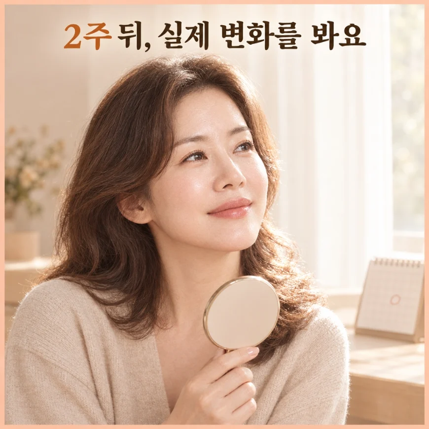 시술 2주 뒤 자연스러운 입술로 손거울을 보며 미소 짓는 여성