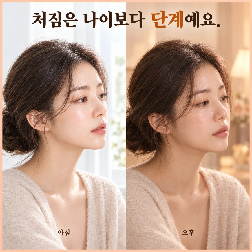 아침과 오후의 턱선 차이를 비교한 옆얼굴 그림