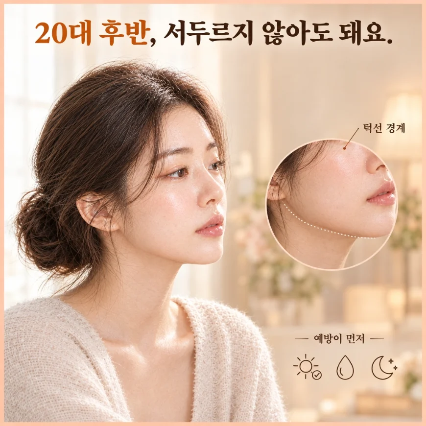 턱선 경계를 확대해 보여주고 예방 관리를 표시한 그림