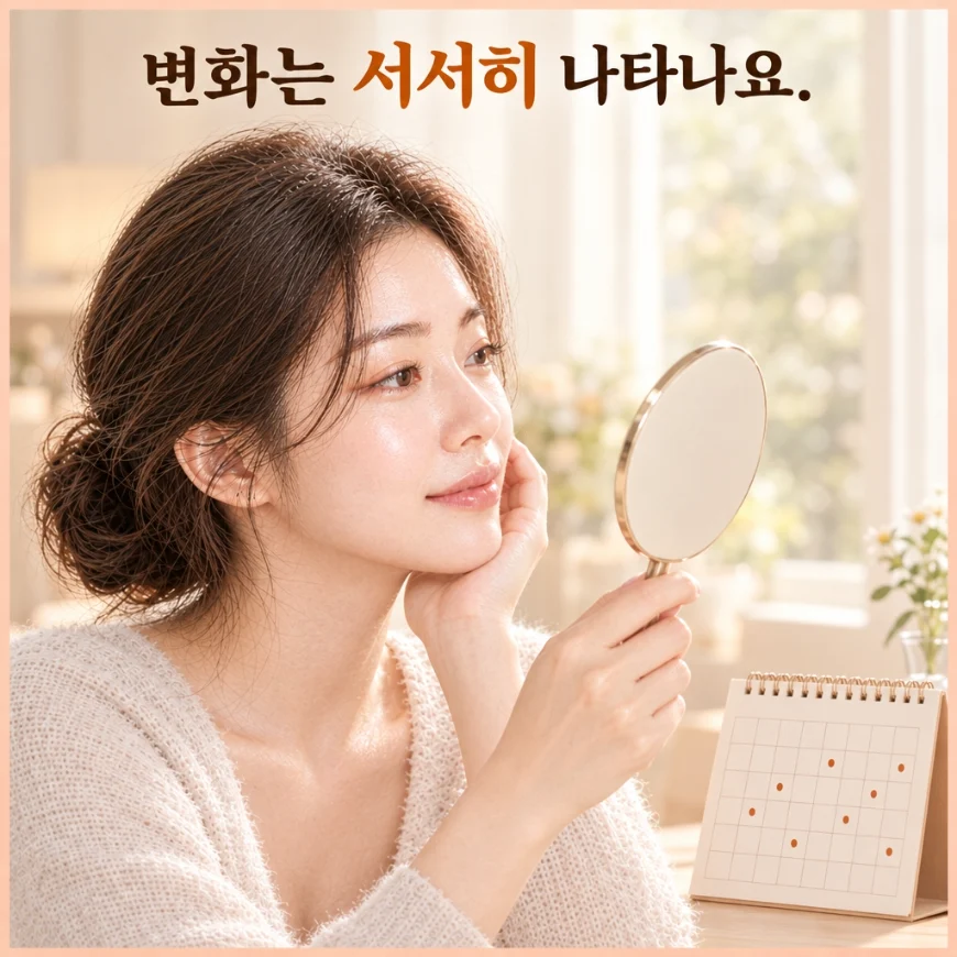 리프팅 후 서서히 나타나는 변화를 기다리며 손거울을 보는 여성