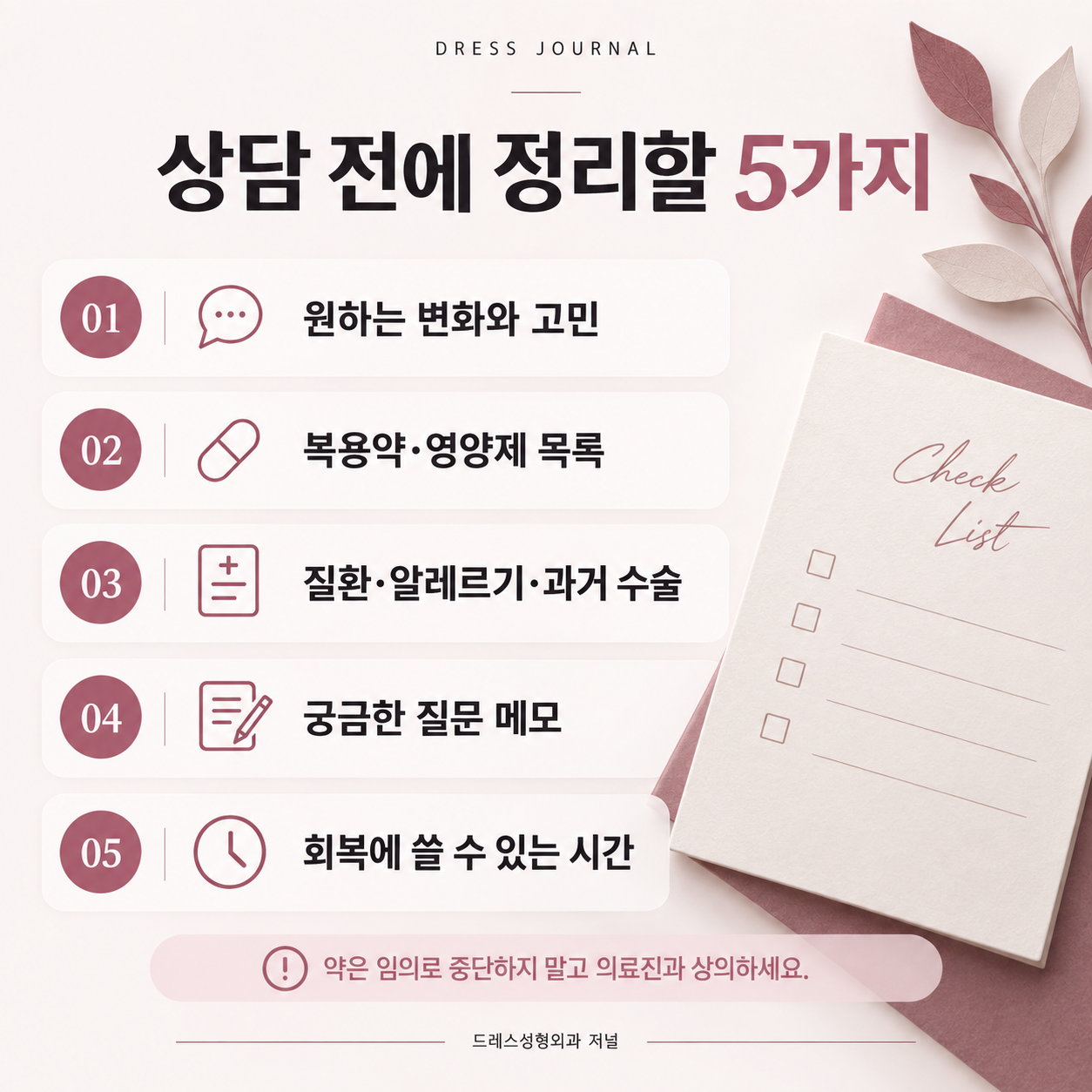 상담 전 정리할 원하는 변화, 복용약, 병력, 질문, 회복 일정 다섯 가지