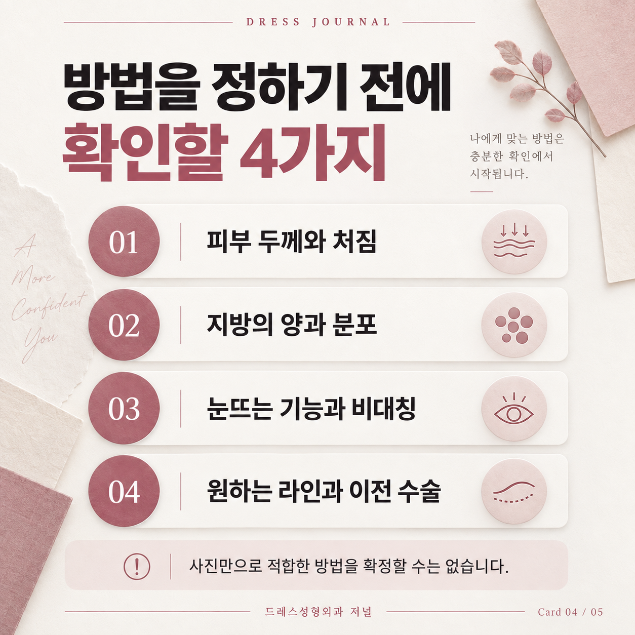 피부 두께·처짐, 지방, 눈뜨는 기능·비대칭, 원하는 라인·이전 수술의 네 가지 확인사항
