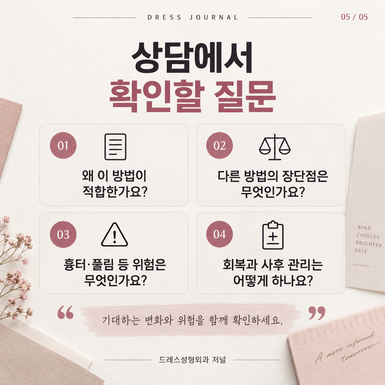 수술 방법의 이유와 대안, 흉터·풀림 등의 위험, 회복과 사후관리를 확인하는 상담 질문