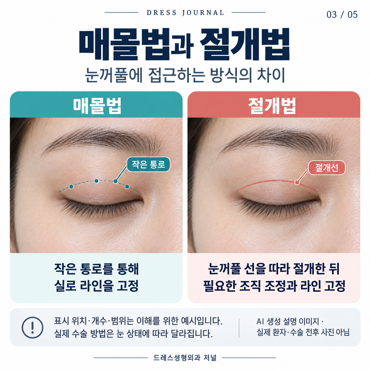 같은 실사형 눈꺼풀 위에 매몰법의 작은 접근 지점과 절개법의 연속된 절개선을 비교한 AI 생성 설명 이미지. 실제 환자나 수술 전후 사진이 아니며 표시 위치·개수·범위는 예시입니다.