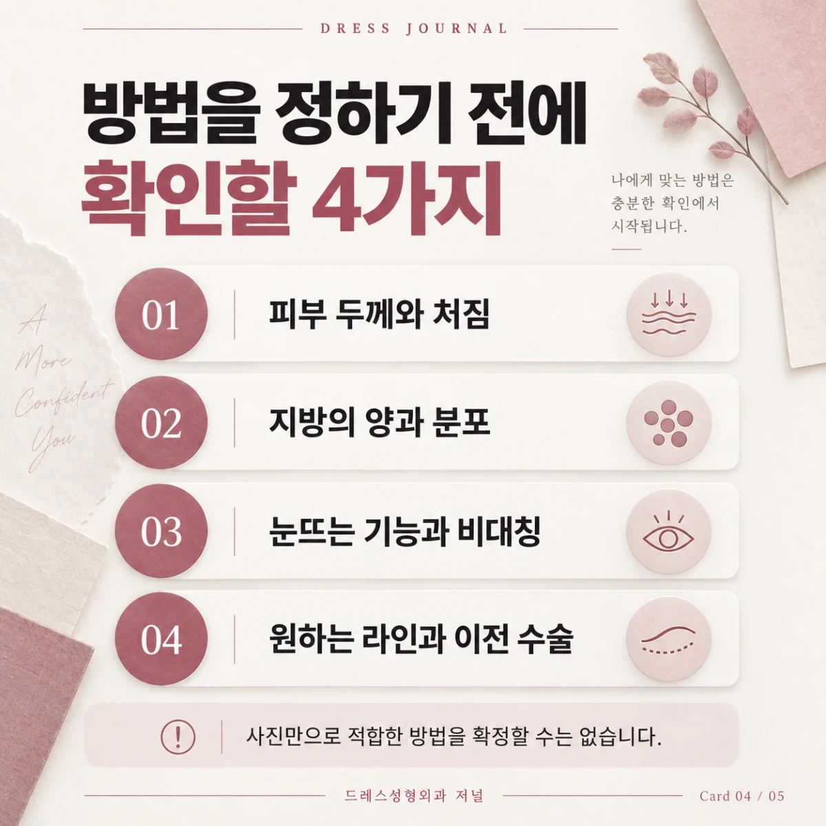피부 두께·처짐, 지방, 눈뜨는 기능·비대칭, 원하는 라인·이전 수술의 네 가지 확인사항