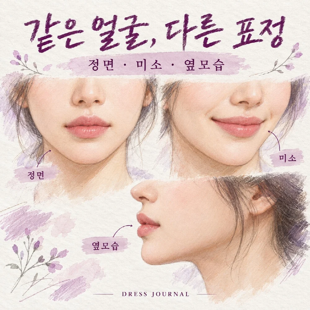 같은 얼굴, 다른 표정 — 정면 · 미소 · 옆모습
