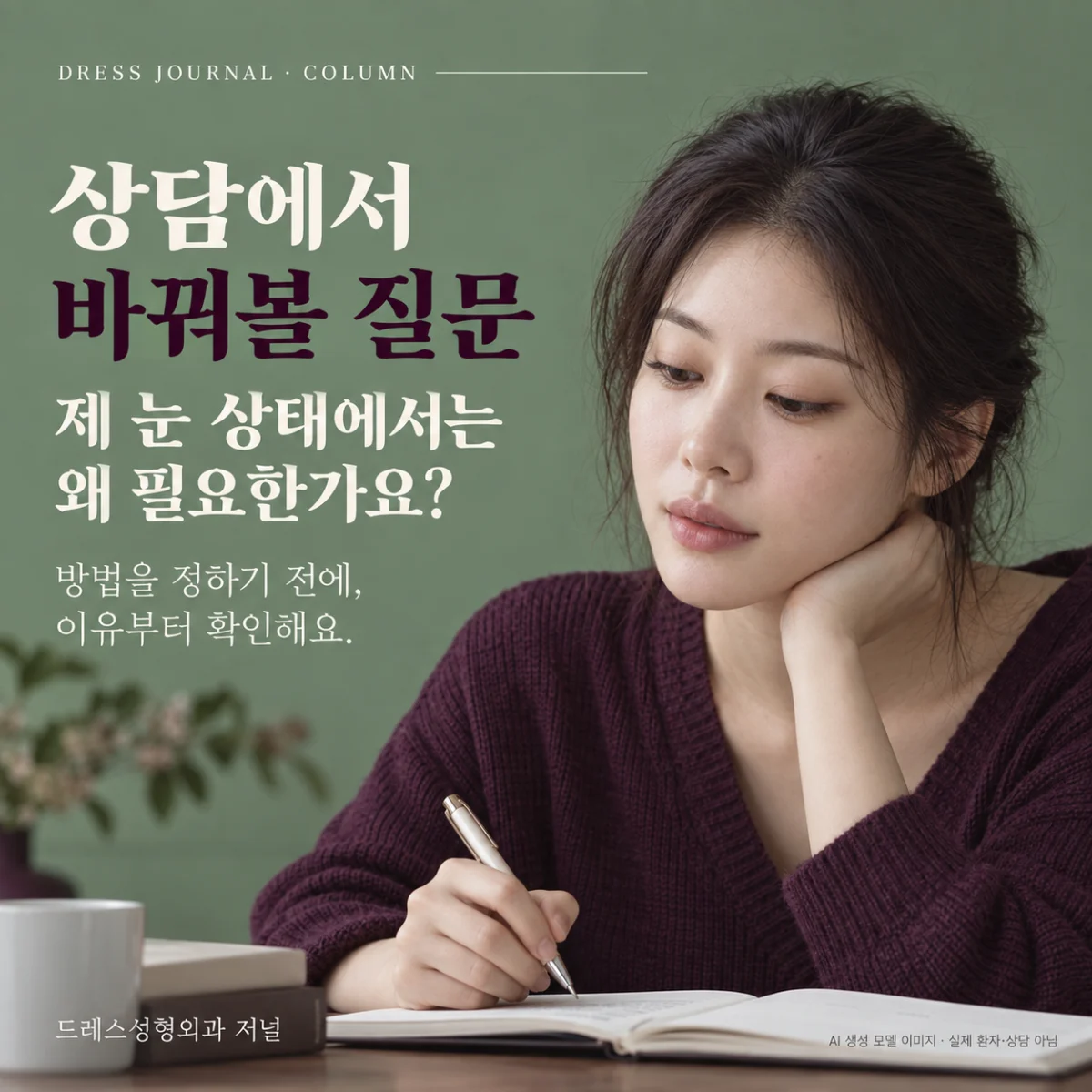 표지와 같은 AI 생성 모델이 상담 질문을 메모하는 실사형 매거진 이미지. 제 눈 상태에서 눈매교정이 왜 필요한지 질문하는 설명용 장면이며 실제 환자나 상담이 아닙니다.