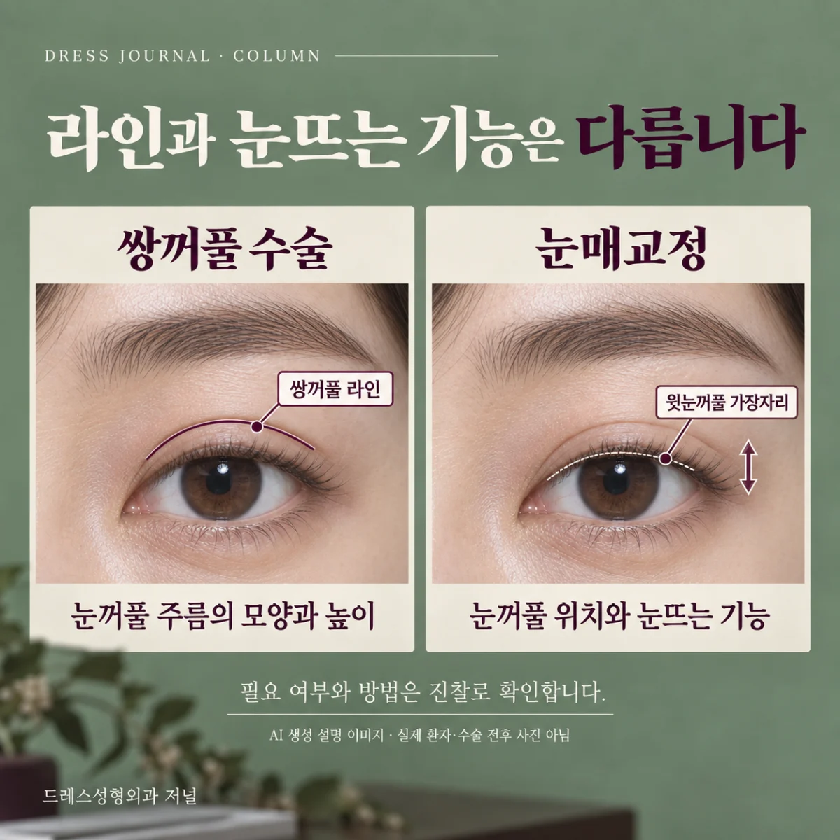 같은 눈 사진 위에서 쌍꺼풀 라인과 윗눈꺼풀 가장자리를 구분한 세이지·플럼 색감의 실사형 설명 카드. AI 생성 설명 이미지이며 실제 환자나 수술 전후 비교가 아닙니다.