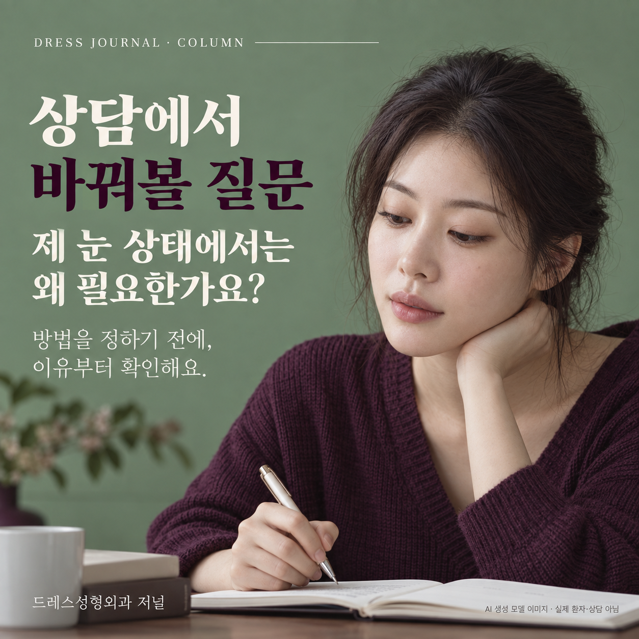 표지와 같은 AI 생성 모델이 상담 질문을 메모하는 실사형 매거진 이미지. 제 눈 상태에서 눈매교정이 왜 필요한지 질문하는 설명용 장면이며 실제 환자나 상담이 아닙니다.