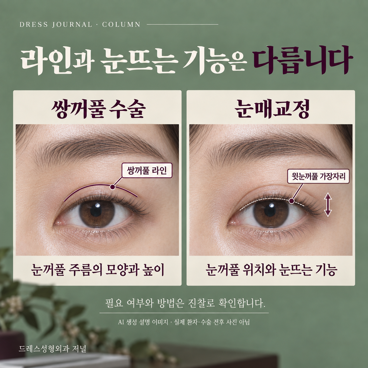 같은 눈 사진 위에서 쌍꺼풀 라인과 윗눈꺼풀 가장자리를 구분한 세이지·플럼 색감의 실사형 설명 카드. AI 생성 설명 이미지이며 실제 환자나 수술 전후 비교가 아닙니다.