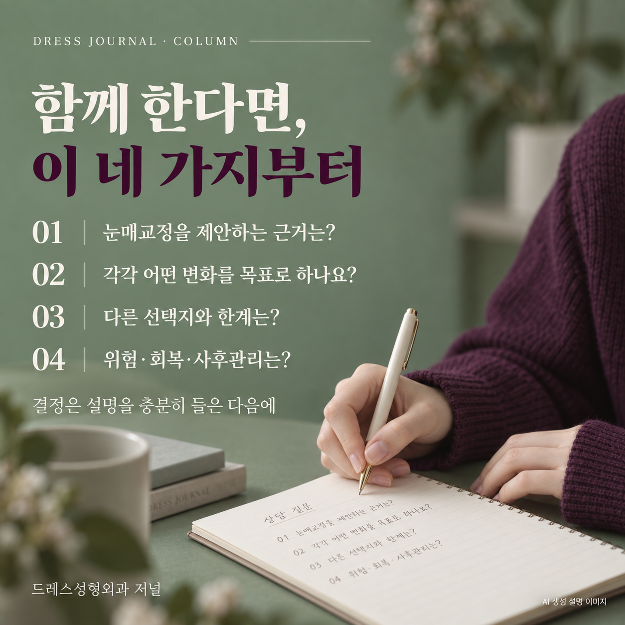세이지·플럼 색감의 상담 메모 사진과 함께 제안 근거, 각 목표, 대안과 한계, 위험·회복·사후관리를 묻는 네 질문을 담은 AI 생성 설명 이미지.