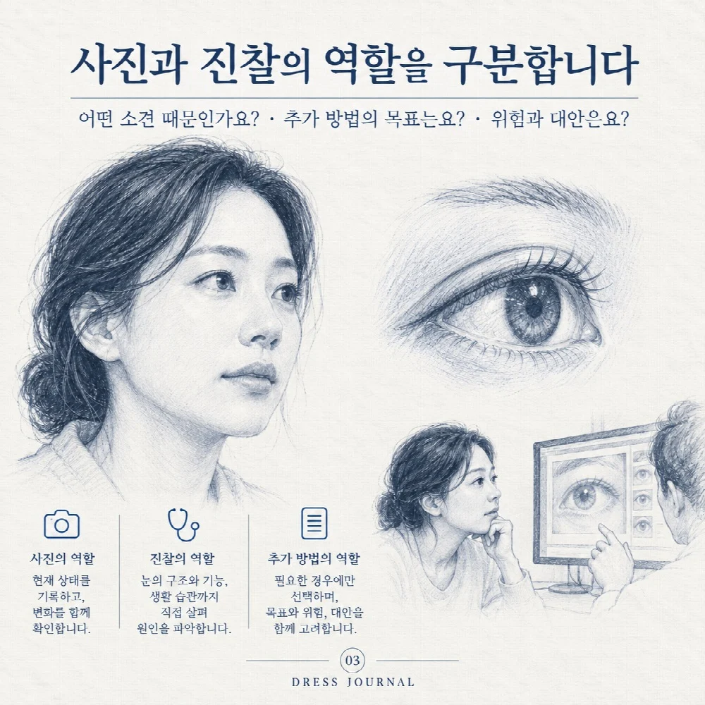 사진과 진찰의 역할을 구분합니다 — 어떤 소견 때문인가요? · 추가 방법의 목표는요? · 위험과 대안은요?