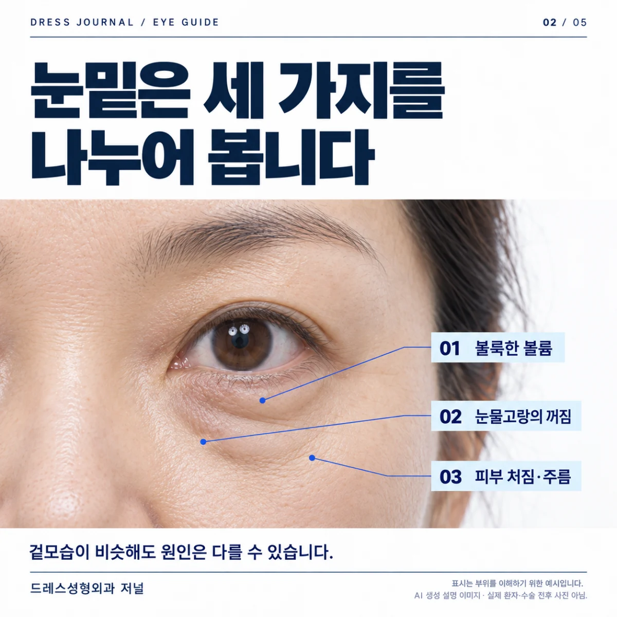 실사형 눈 사진에 불룩한 볼륨, 눈물고랑의 꺼짐, 피부 처짐·주름의 위치를 표시한 AI 생성 설명 이미지. 실제 환자나 진단 사례가 아닙니다.