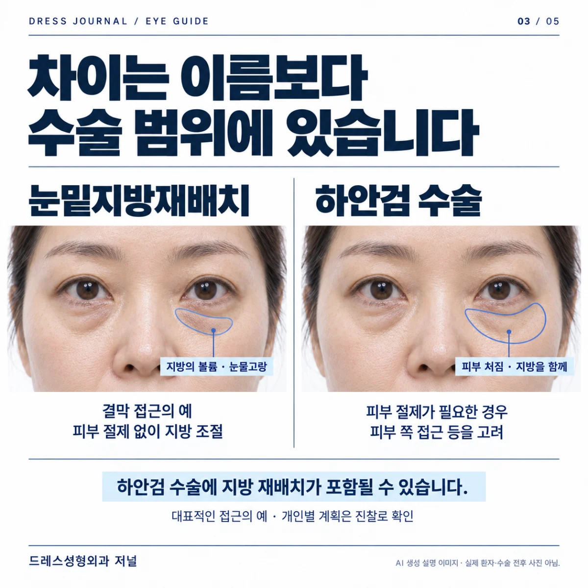 동일한 눈 사진으로 눈밑지방재배치의 볼륨·눈물고랑과 하안검 수술의 피부·지방 범위를 설명한 AI 비교 이미지. 실제 환자나 수술 전후 결과가 아닙니다.