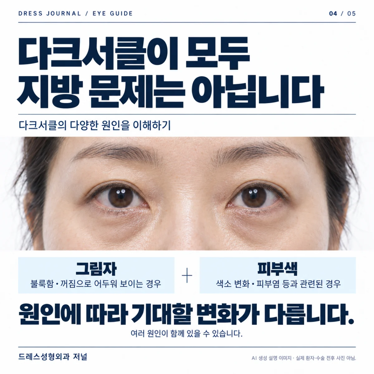 눈밑의 그림자와 피부색 변화를 구분해 다크서클 원인을 설명하는 AI 생성 사진 카드. 실제 환자의 진단이나 수술 전후 비교가 아닙니다.