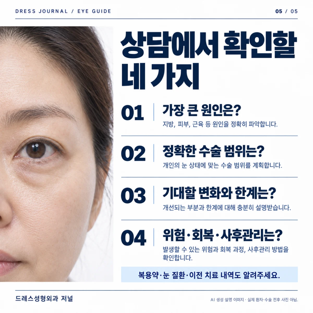 원인, 수술 범위, 기대와 한계, 위험·회복·사후관리 네 질문을 담은 실사형 의료 안내서. 인물은 실제 환자가 아닌 AI 생성 모델입니다.