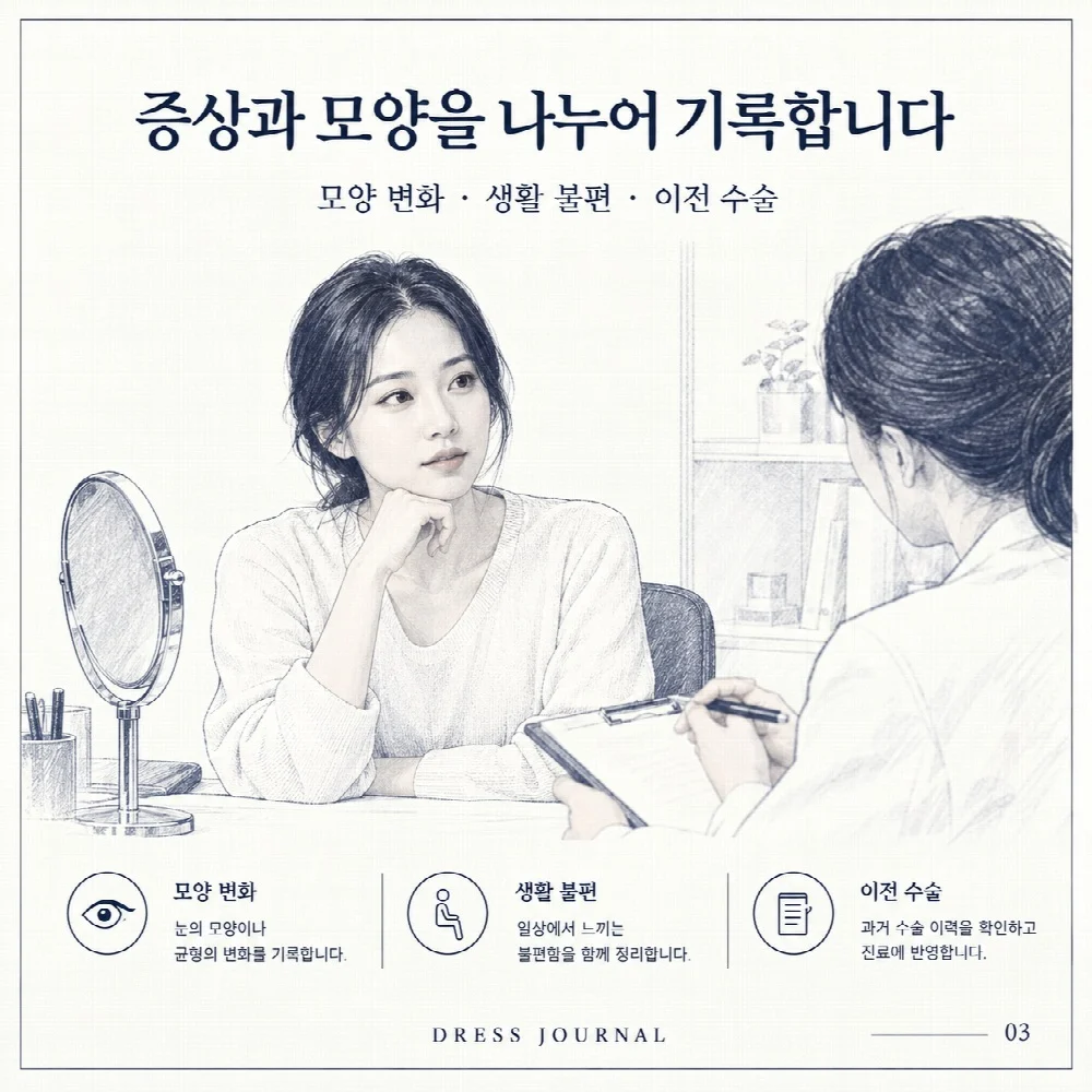 증상과 모양을 나누어 기록합니다 — 모양 변화 · 생활 불편 · 이전 수술
