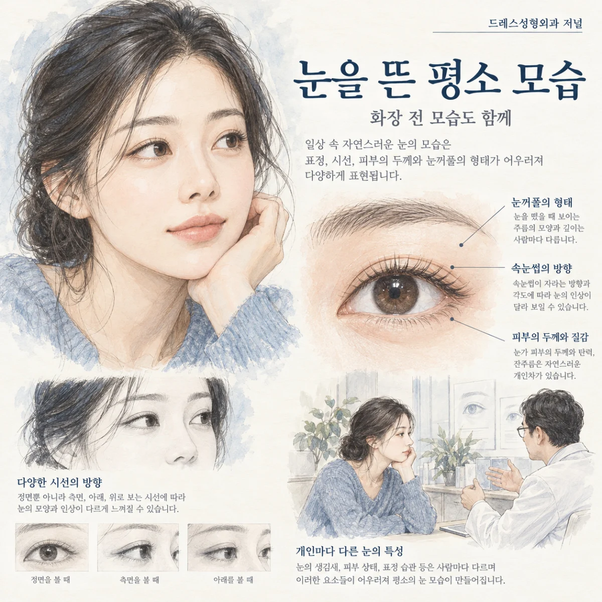 눈을 뜬 평소 모습 — 화장 전 모습도 함께