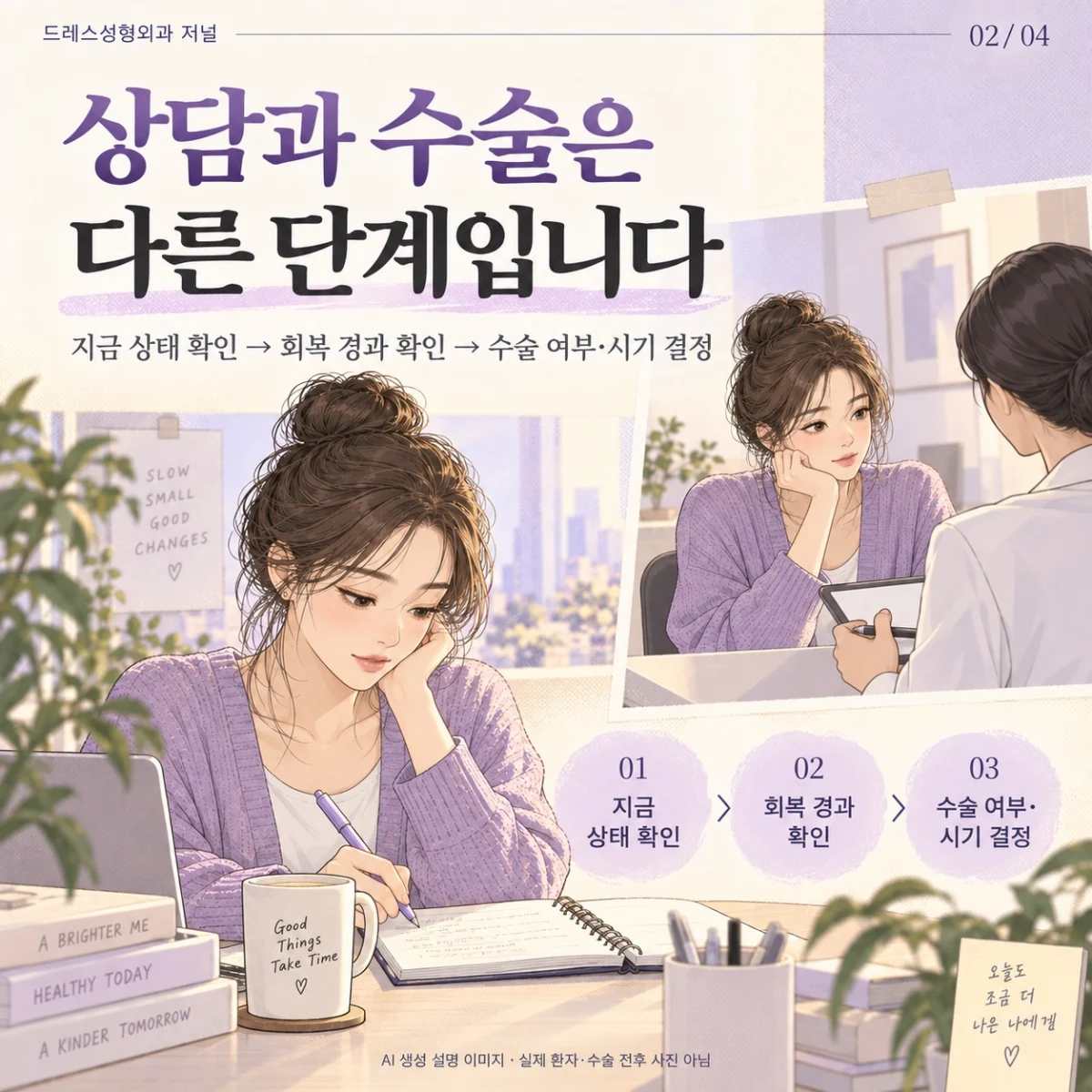 상담과 재수술 결정을 서로 다른 단계로 표현한 웹툰. AI 생성 설명 이미지로 실제 환자·수술 전후 사진이 아닙니다.