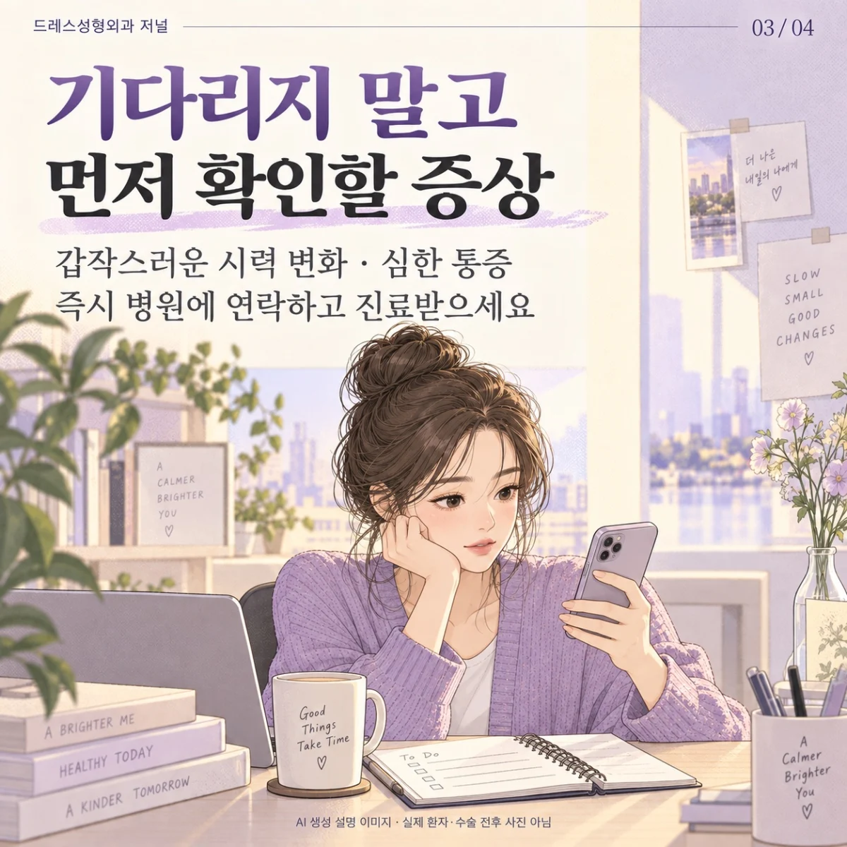 시력 변화와 심한 통증은 기다리지 말고 진료받도록 안내하는 웹툰. AI 생성 설명 이미지로 실제 환자·수술 전후 사진이 아닙니다.