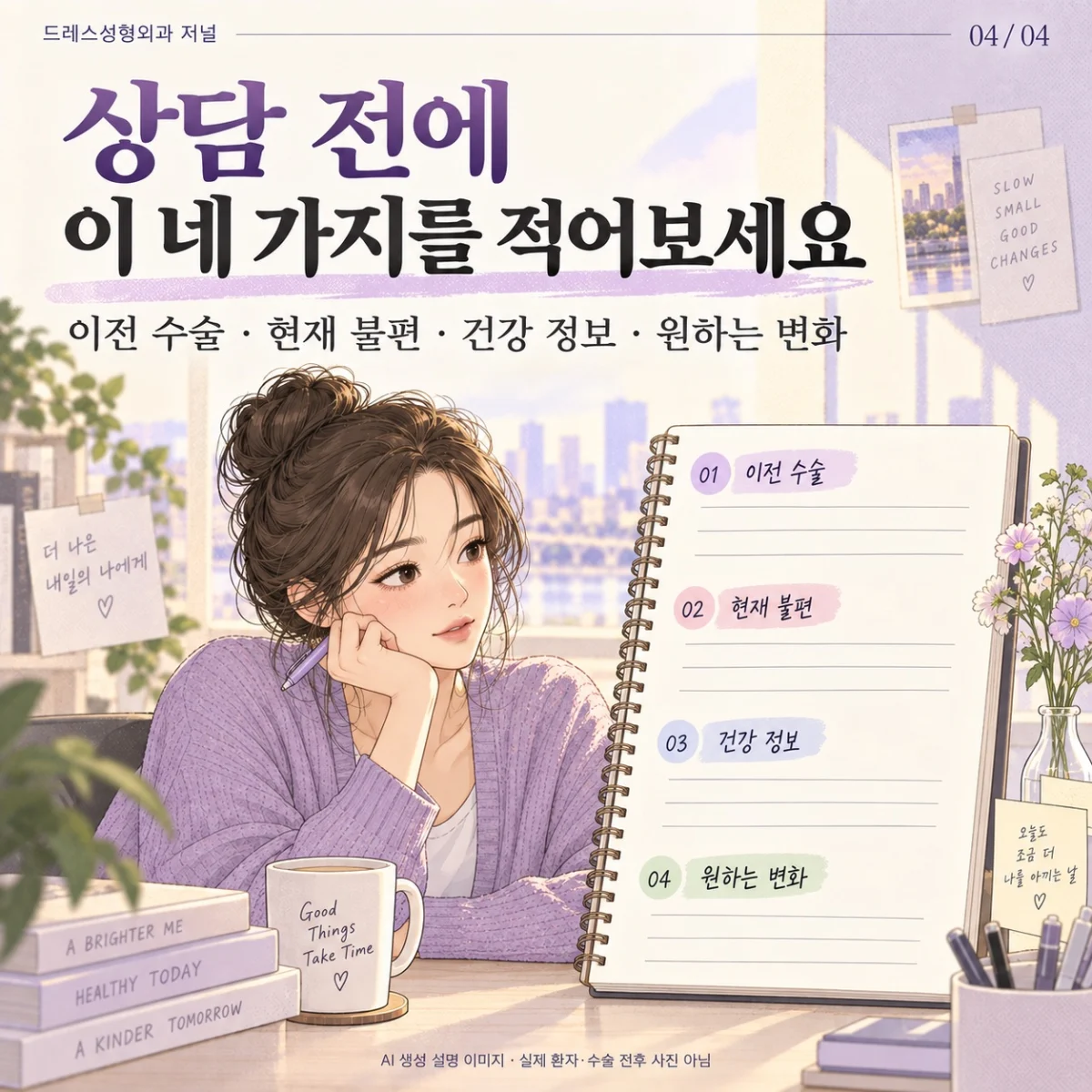 이전 수술 기록과 증상 메모를 준비하는 상담 웹툰. AI 생성 설명 이미지로 실제 환자·수술 전후 사진이 아닙니다.
