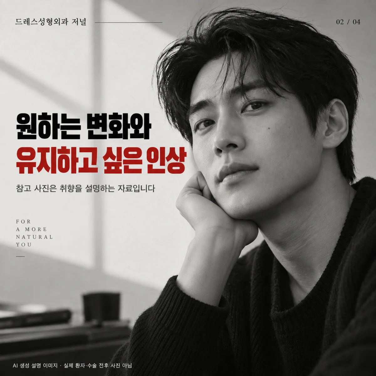 바꾸고 싶은 인상과 유지하고 싶은 인상을 정리하는 남성 화보 카드. AI 생성 설명 이미지로 실제 환자·수술 전후 사진이 아닙니다.