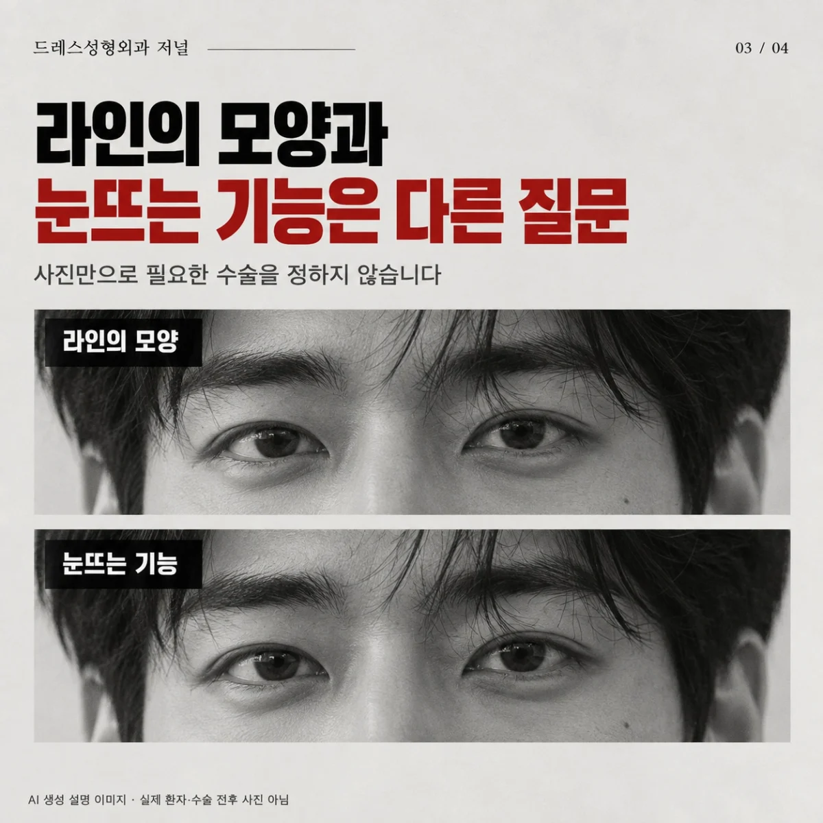 쌍꺼풀 라인과 눈뜨는 기능을 나누어 상담하도록 보여주는 같은 남성 눈 사진. AI 생성 설명 이미지로 실제 환자·수술 전후 사진이 아닙니다.