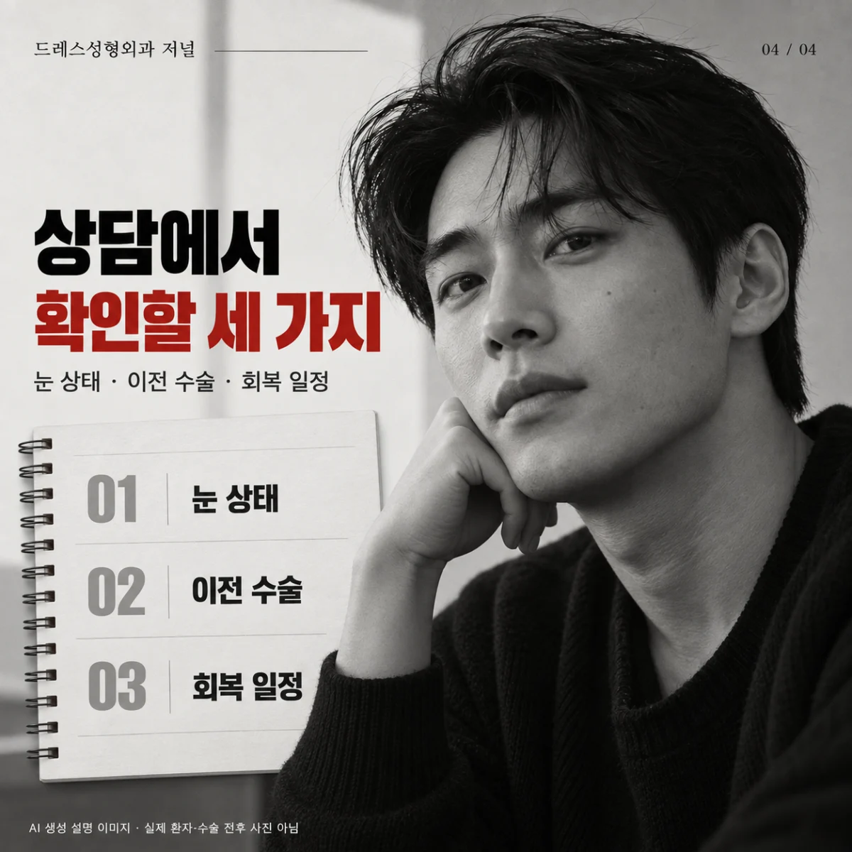 눈 상태·과거 수술·회복 일정을 확인하는 남성 매거진 카드. AI 생성 설명 이미지로 실제 환자·수술 전후 사진이 아닙니다.
