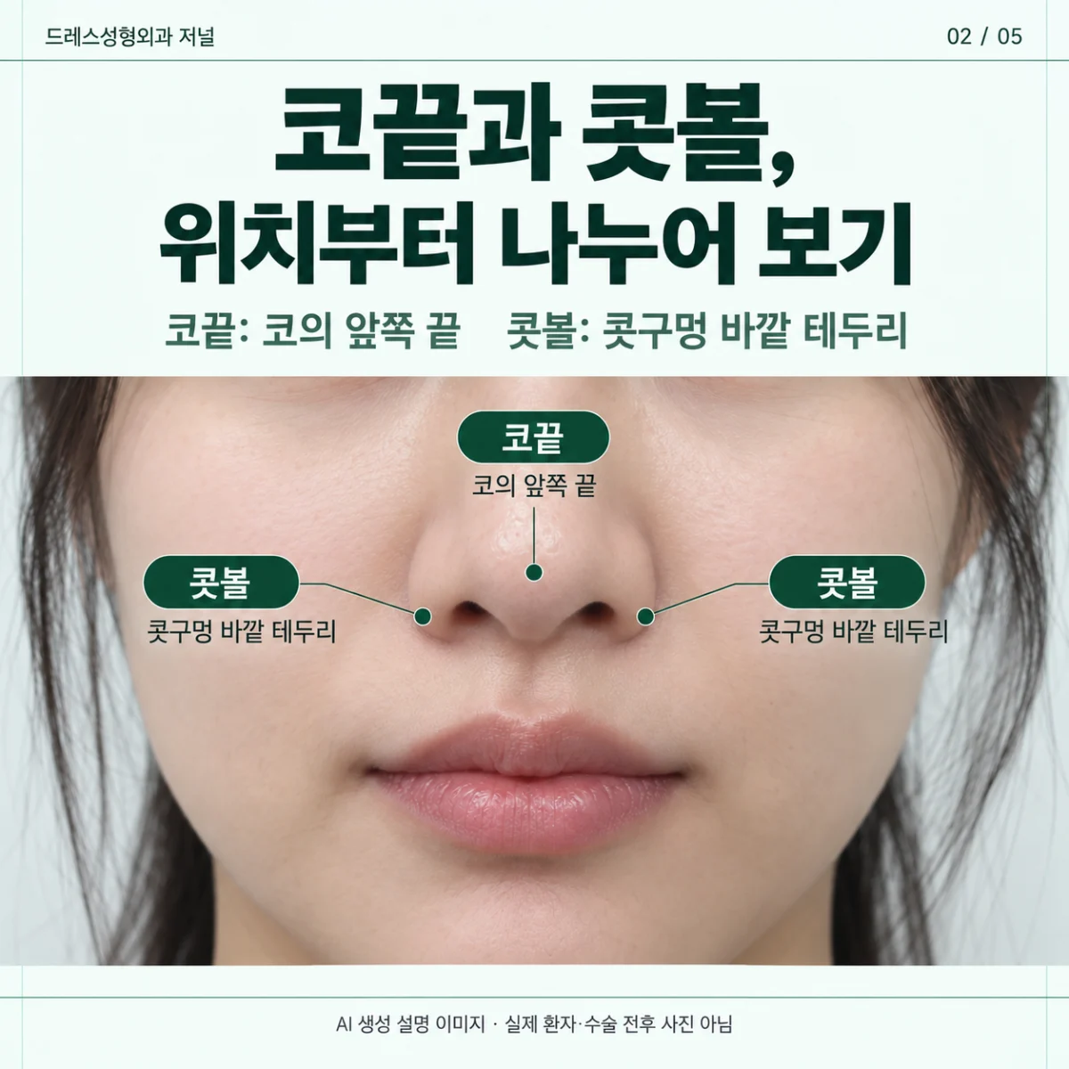 동일한 가상 얼굴 사진으로 코끝과 양옆 콧볼의 위치를 구분. AI 생성 설명 이미지로 실제 환자·수술 전후 사진이 아닙니다.