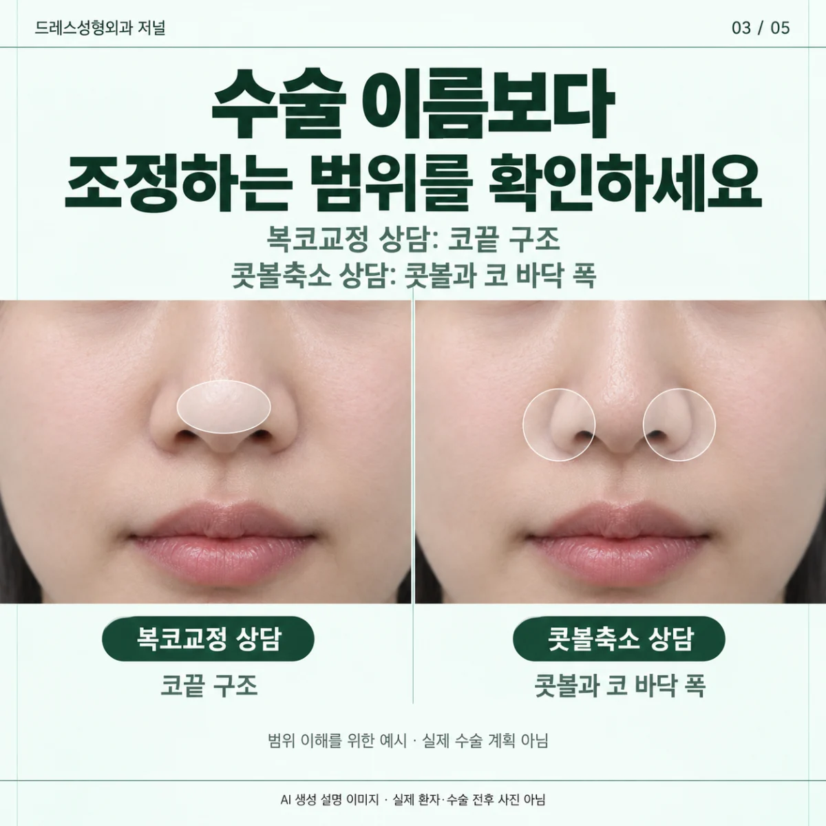 같은 코의 코끝 범위와 콧볼 범위를 나란히 보여주는 비교 카드. AI 생성 설명 이미지로 실제 환자·수술 전후 사진이 아닙니다.