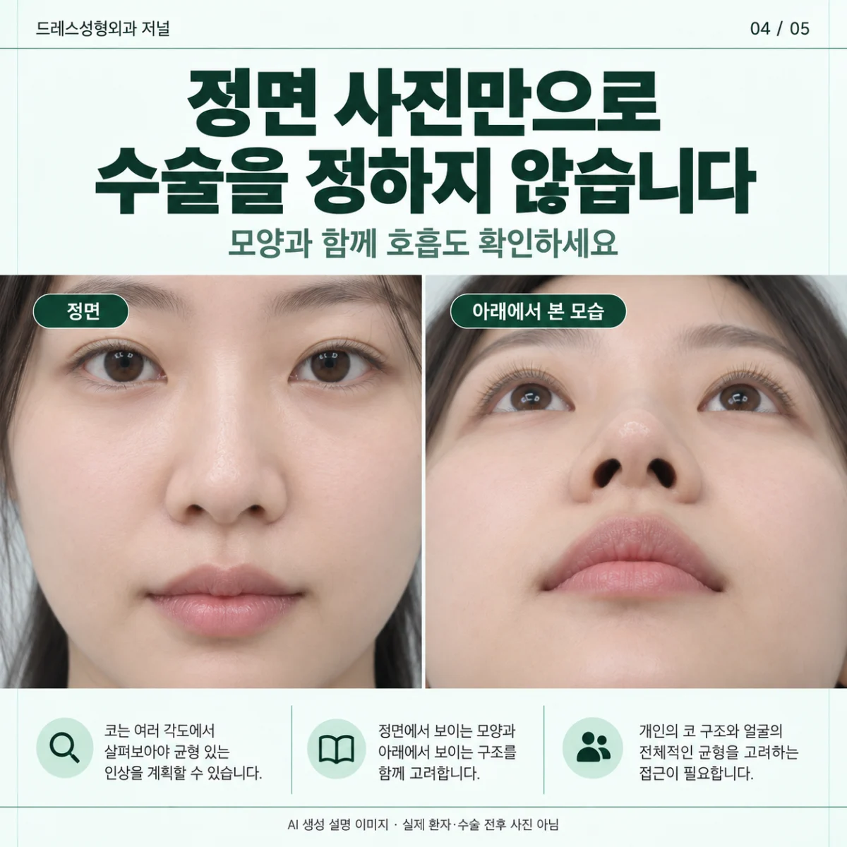 정면과 아래에서 본 코의 다른 관찰 방향을 보여주는 설명 이미지. AI 생성 설명 이미지로 실제 환자·수술 전후 사진이 아닙니다.