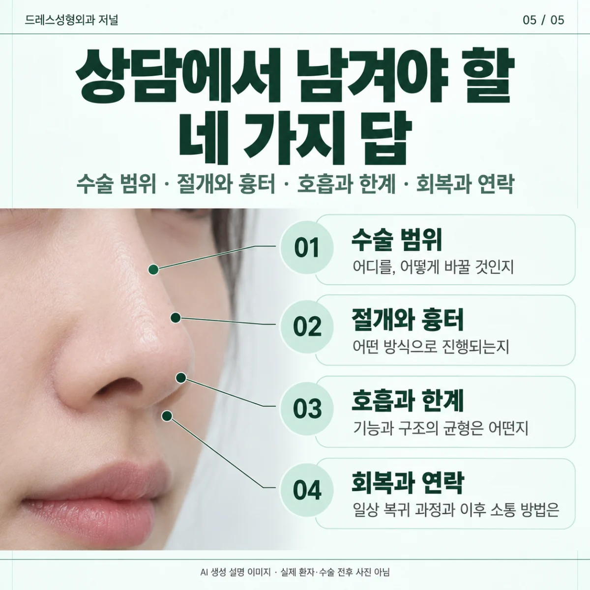 수술 범위·흉터·호흡·회복을 묻는 상담 질문 카드. AI 생성 설명 이미지로 실제 환자·수술 전후 사진이 아닙니다.