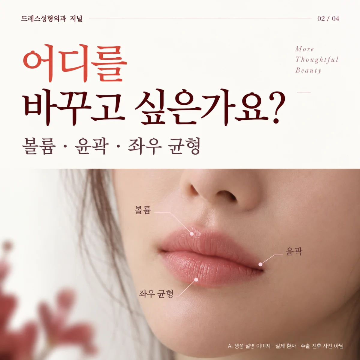 볼륨·윤곽·좌우 균형의 상담 목표를 입술 사진 위에 구분. AI 생성 설명 이미지로 실제 환자·수술 전후 사진이 아닙니다.