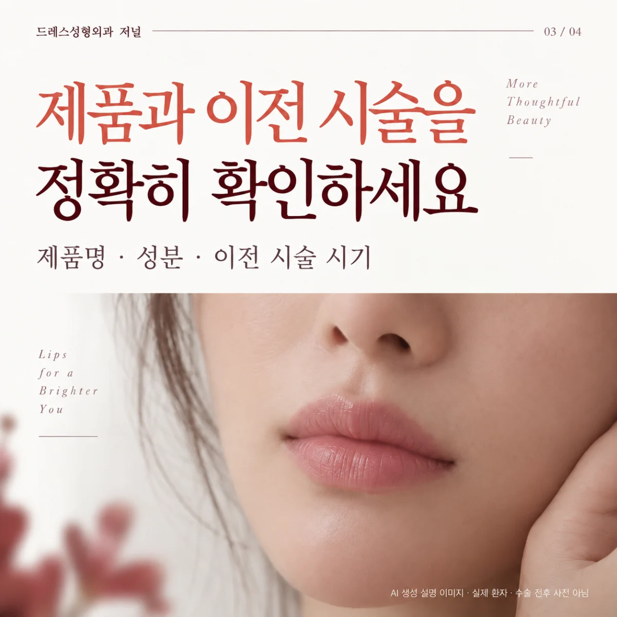 제품명·성분·이전 시술을 확인하는 입술 매거진 카드. AI 생성 설명 이미지로 실제 환자·수술 전후 사진이 아닙니다.