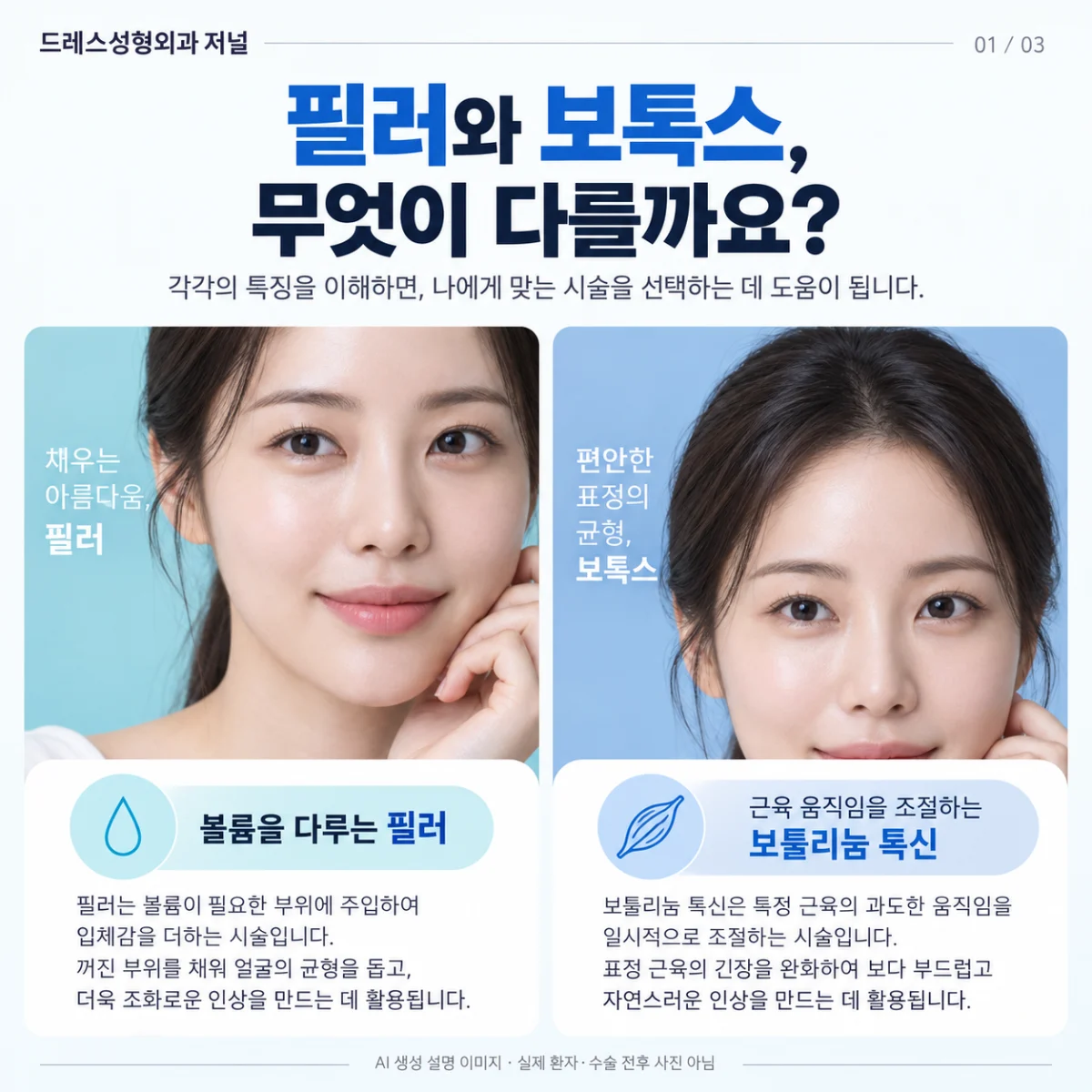 필러와 보툴리눔 톡신의 목적을 나누는 아쿠아 사진 표지. AI 생성 설명 이미지로 실제 환자·수술 전후 사진이 아닙니다.