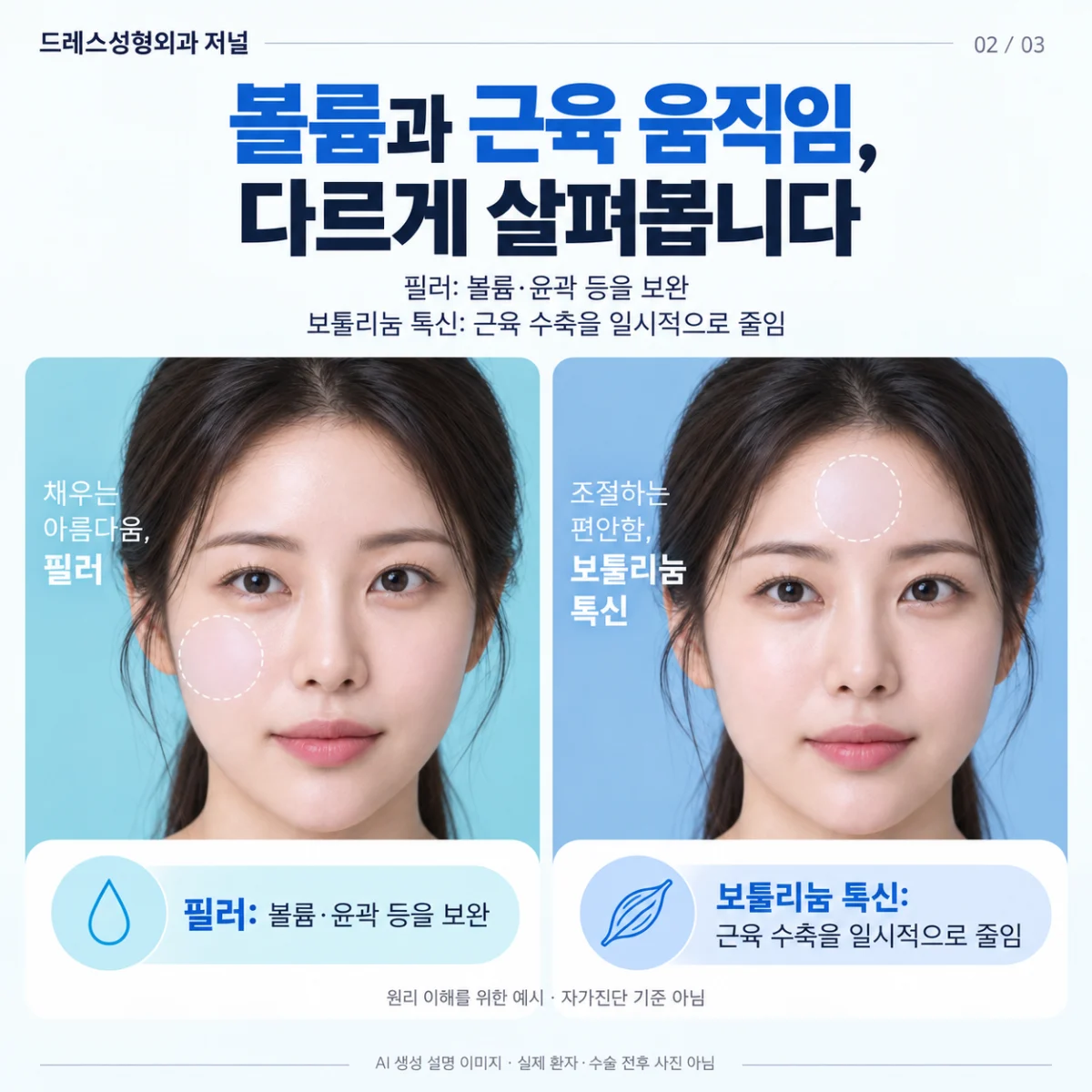 같은 얼굴에서 볼륨과 근육 움직임이라는 두 상담 관점을 설명. AI 생성 설명 이미지로 실제 환자·수술 전후 사진이 아닙니다.