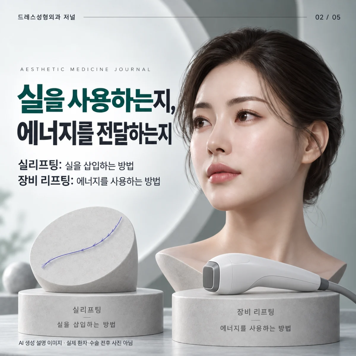 같은 3D 얼굴 모델 옆에 실 삽입과 에너지 전달 원리를 비교. AI 생성 설명 이미지로 실제 환자·수술 전후 사진이 아닙니다.