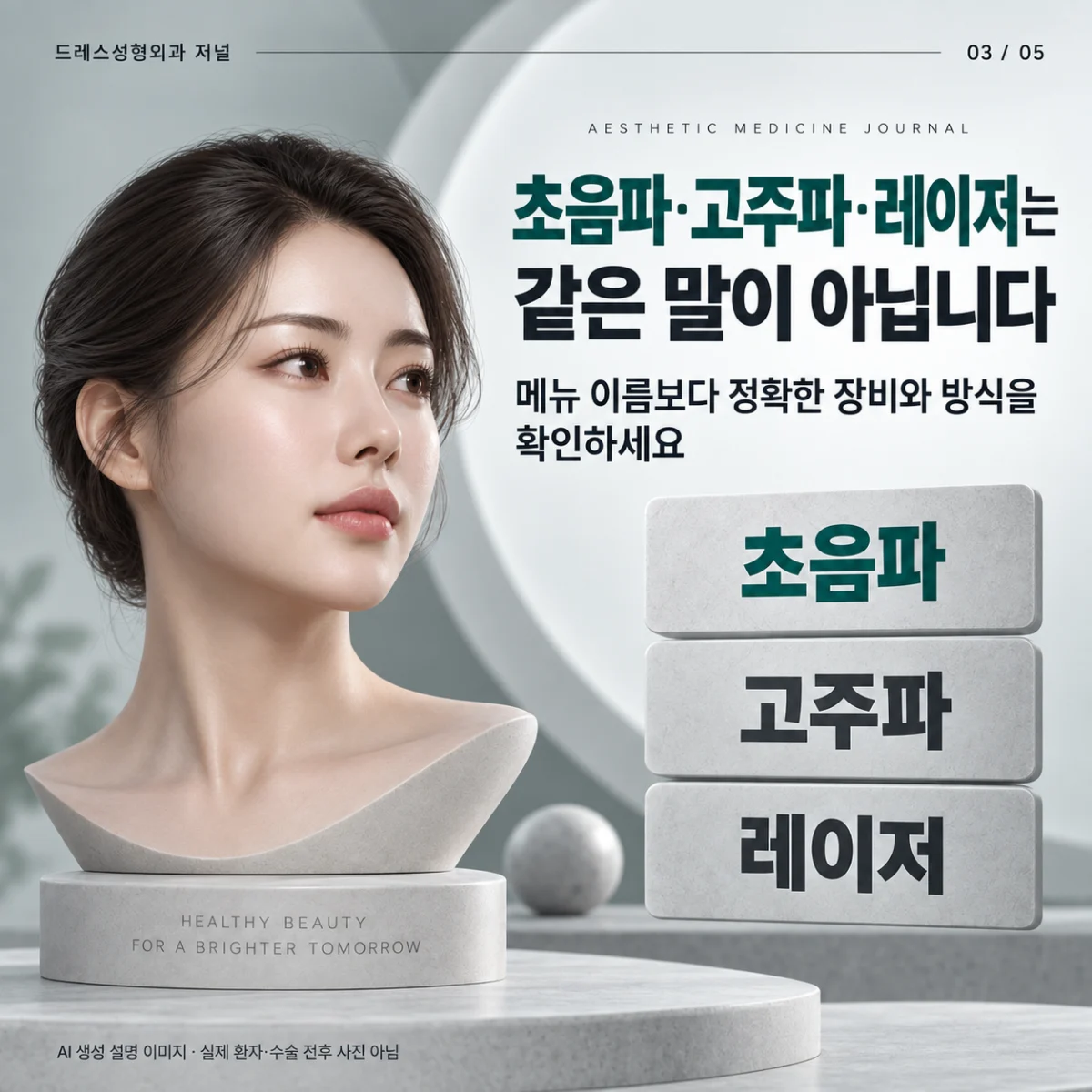 초음파·고주파·레이저를 다른 방식으로 구분하는 3D 얼굴 카드. AI 생성 설명 이미지로 실제 환자·수술 전후 사진이 아닙니다.