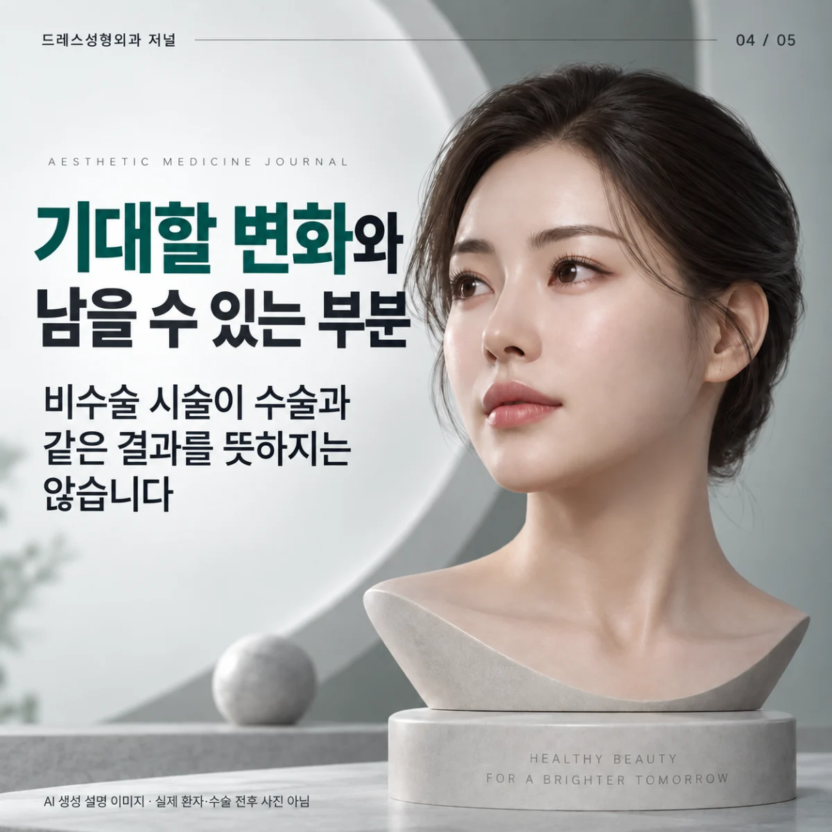 원하는 변화와 기대 한계를 설명하는 3D 얼굴 안내. AI 생성 설명 이미지로 실제 환자·수술 전후 사진이 아닙니다.