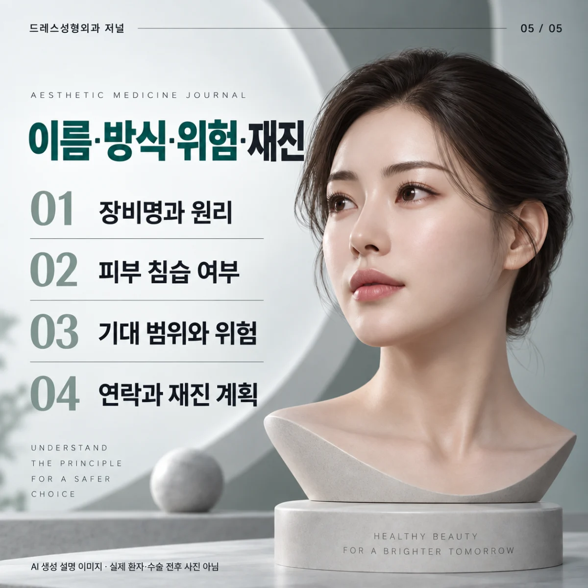 장비명·방식·위험·재진의 네 질문을 담은 3D 의료 안내 카드. AI 생성 설명 이미지로 실제 환자·수술 전후 사진이 아닙니다.