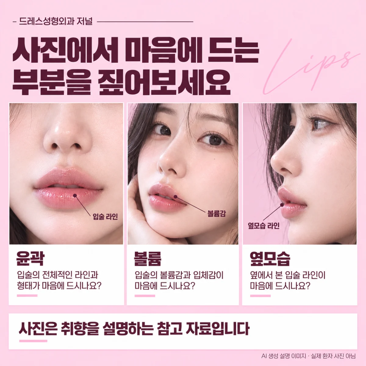 윤곽·볼륨·옆모습을 살피는 사진 참고 가이드. AI 생성 설명 이미지이며 실제 환자·시술 전후 사진이 아닙니다.