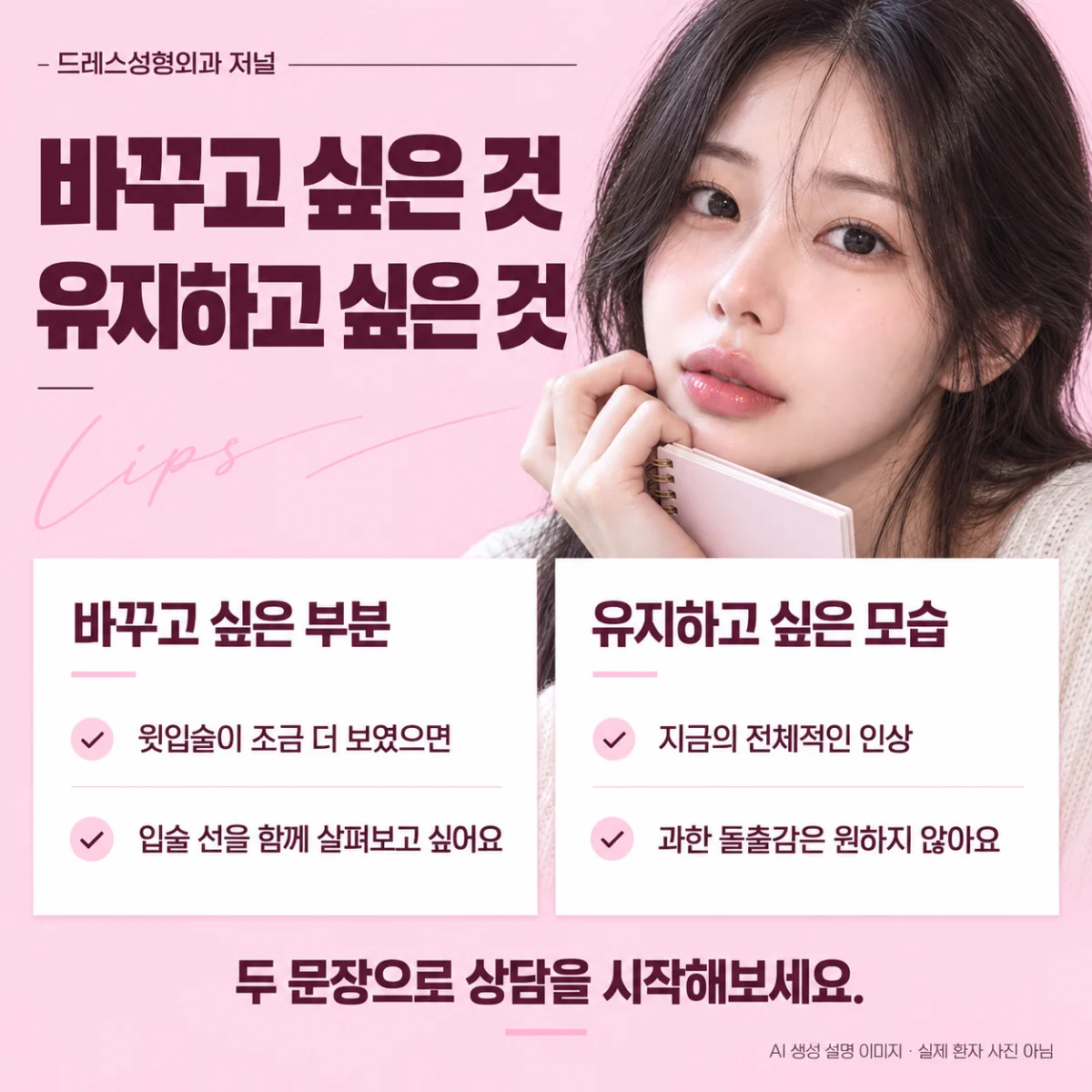 바꾸고 싶은 부분과 유지하고 싶은 모습을 정리하는 상담 메모. AI 생성 설명 이미지이며 실제 환자·시술 전후 사진이 아닙니다.