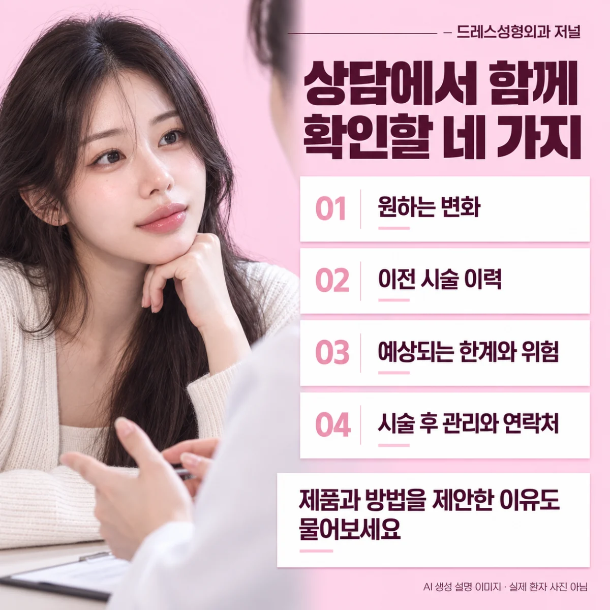 원하는 변화·시술 이력·위험·관리를 확인하는 상담 체크리스트. AI 생성 설명 이미지이며 실제 환자·시술 전후 사진이 아닙니다.