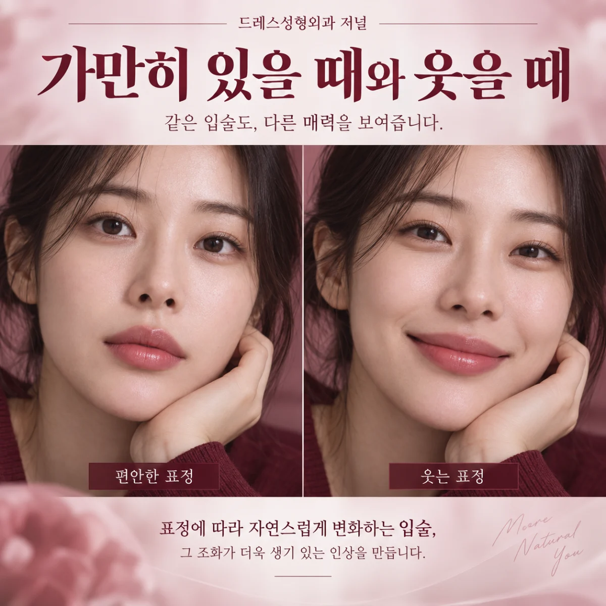 가만히 있을 때와 웃을 때 — 이해를 위한 AI 생성 설명 이미지, 실제 환자 사례나 시술 결과가 아닙니다.