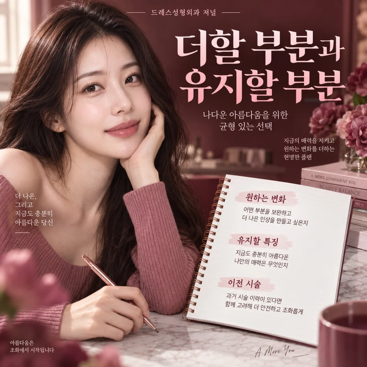 더할 부분과 유지할 부분 — 이해를 위한 AI 생성 설명 이미지, 실제 환자 사례나 시술 결과가 아닙니다.